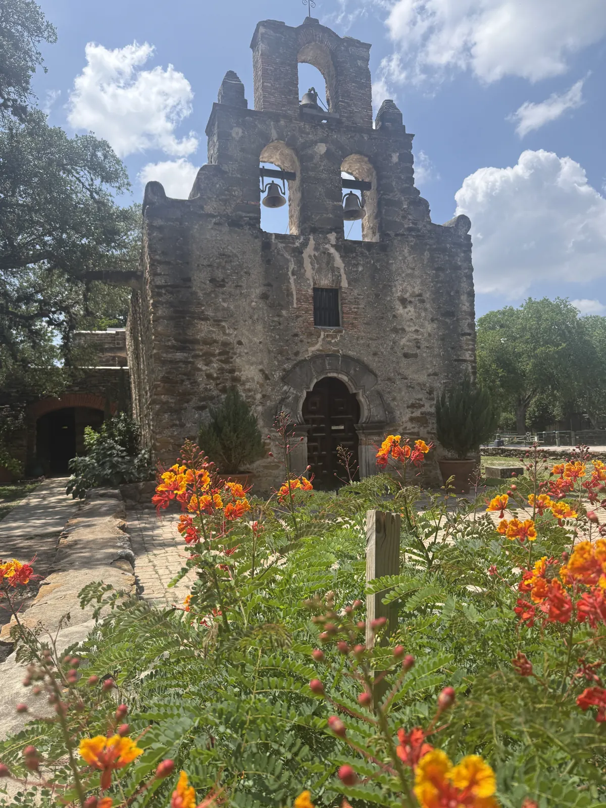 Mission Espada bell tower behind orange blooms
